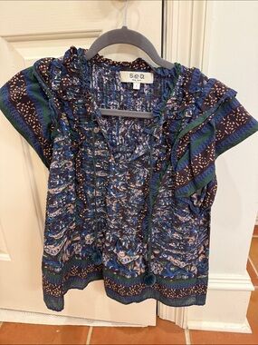 Sea New York  Navy, Green & Beige Printed Ruffle Tie-Front Blouse